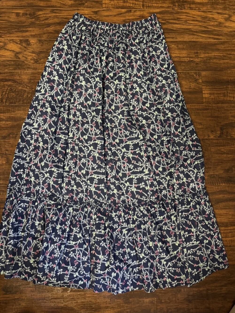 Simply Southern Ophelia Blue Bow Floral Cotton Tiered Maxi Skirt Pockets M
